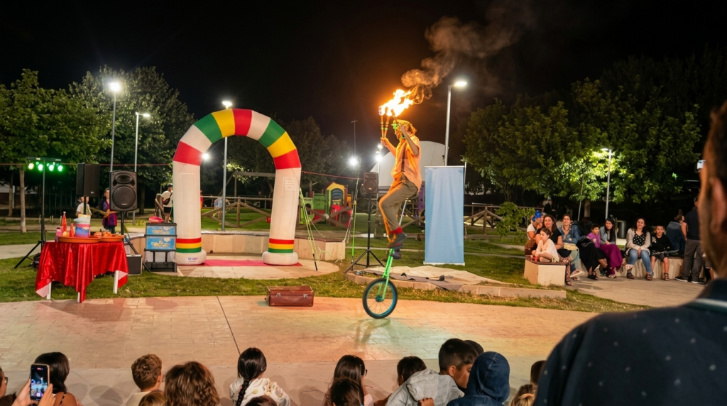 Quentin il Giocoliere porta in scena uno spettacolo di giocoleria comica per bambini e adulti: palline, clave, monociclo giraffa e finale con torce infuocate. 40 minuti di puro divertimento con interazione e coinvolgimento del pubblico. Impianto audio e luci incluso, allaccio 220V. Replica disponibile su richiesta. Ideale per feste, eventi aziendali, sagre e festival.