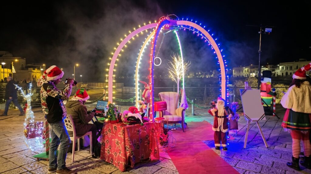 Open Circus Puglia realizza allestimenti di Natale in Puglia su misura per aziende, Comuni, centri commerciali, negozi e parchi di divertimento. Progettiamo villaggi natalizi, case di Babbo Natale, set scenografici, photo booth e scenografie immersive con renne vere, slitte artigianali e performers. Servizio premium all inclusive con bozzetto, render 3D e realizzazione chiavi in mano.
