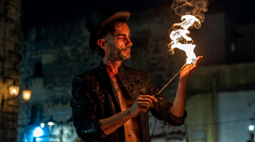 Spettacolo di Danza col Fuoco: unione di danza moderna e giocoleria con attrezzi infuocati per coreografie spettacolari. Costumi, scenografie magiche e atmosfere stregate coinvolgono il pubblico in un'esperienza unica e suggestiva, al ritmo di percussioni e musiche medievali. Perfetto per incantare grandi e piccini, rendendo il vostro evento indimenticabile.