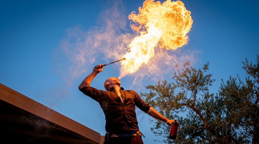 Ramos, manipolatore del fuoco e mangiafuoco, porta in Puglia, Basilicata, Molise e Campania uno spettacolo di manipolazione delle fiamme unico e mozzafiato. Fiaccole, fachirismo, spade e vul-cane per un evento indimenticabile: 15-20 minuti di pura magia, fino a 3 performance al giorno, effetto wow garantito per matrimoni, sagre, feste private ed eventi storici.