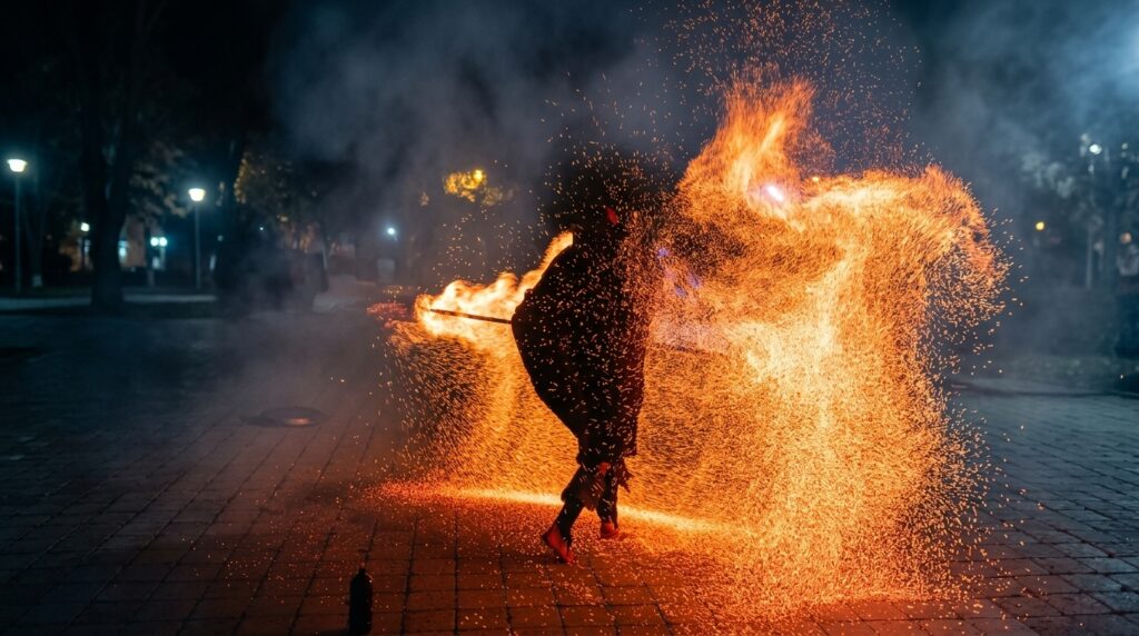 Ramos Fire Show: spettacoli di fuoco tra tecnica, musica e movimento. Performance da palco e da piazza con bastoni da contact, dragon staff, ventagli e maschere di fuoco. Disponibili in Puglia per festival, eventi comunali, feste di piazza, matrimoni ed eventi privati.