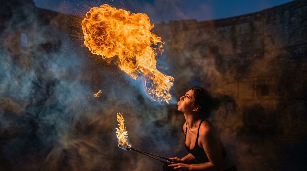 Spettacolo di fuoco in Puglia di Open Circus: performance artistica infuocata con artisti professionisti, coreografie scenografiche ed effetti visivi mozzafiato. Ideale per matrimoni, feste private, eventi aziendali, sagre e feste di paese. Disponibile in Puglia, Basilicata, Campania, Molise e Calabria. Durata fino a 1 ora e spazio minimo di soli 3 metri.