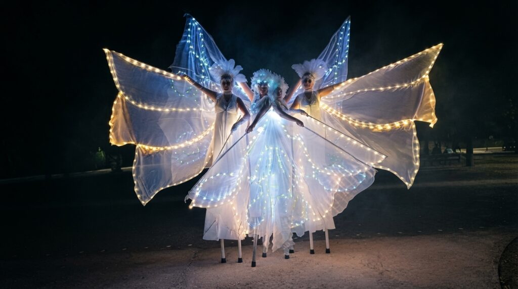 Spettacolo itinerante di trampolieri a Lecce con costumi luminosi bianchi d'ispirazione vittoriana, bolle di sapone, musica e carretto luminoso. Performance artistica per eventi, feste, parate, Carnevale e Natale, adatta a tutte le età e a ogni tipo di celebrazione.