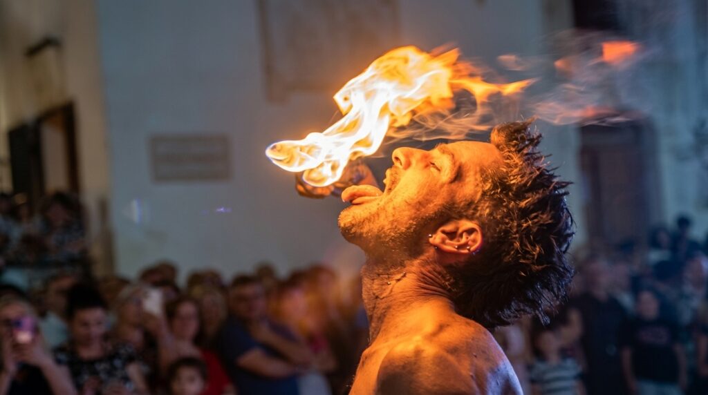 Spettacolo di fuoco in Puglia: emoziona il tuo pubblico con un'esibizione unica di giocoleria con il fuoco, fachirismo e sputafuoco. Disponibile in Puglia e nelle regioni limitrofe, lo show è ideale per eventi privati, compleanni, sagre, matrimoni e cene spettacolo. Con una durata di 20-30 minuti e un solo artista, garantisce un'esperienza spettacolare e sicura, perfetta per creare un'atmosfera indimenticabile.