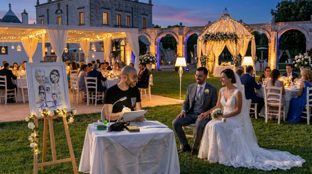 Caricaturista professionista per matrimoni: ritratti artistici a grafite, eleganti e somiglianti, disegnati dal vivo davanti ai tuoi ospiti. Fino a 250 invitati in un unico evento. Un ricordo prezioso e originale per il tuo matrimonio.
